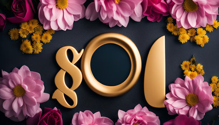 A close-up photo of a golden number 80 surrounded by pink and yellow flowers, creating a decorative and celebratory design.の写真素材