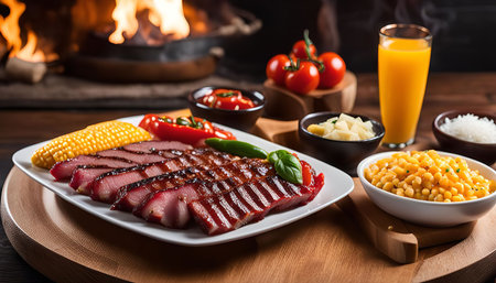A plate of grilled meat with sides including corn on the cob, macaroni and cheese, rice, tomatoes, and a glass of orange juice.の写真素材