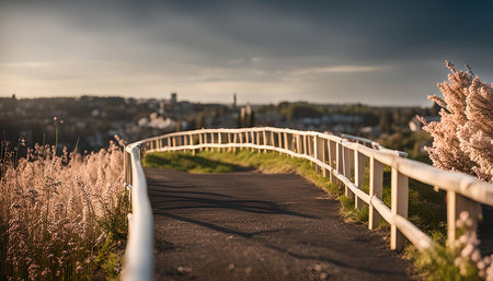 A winding path with a white fence leads to a scenic view of a town in the distance.の写真素材