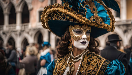 A woman wearing a traditional Venetian Carnival mask with elaborate gold and blue costume and hatの写真素材