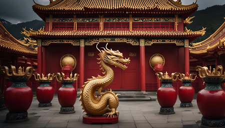 A golden dragon statue stands proudly in front of a traditional Chinese temple with intricately red and gold architecture.の写真素材