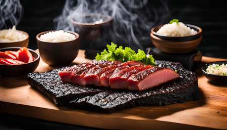 Meat served with rice and side dishes. The dish is presented on a black plate, with steam rising from the food.の写真素材