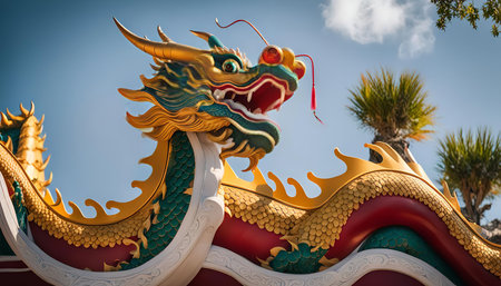 A close-up shot of a Chinese dragon statue. The dragon is painted in gold and red, with green scales. The statue is set against a blue sky with white clouds.の写真素材