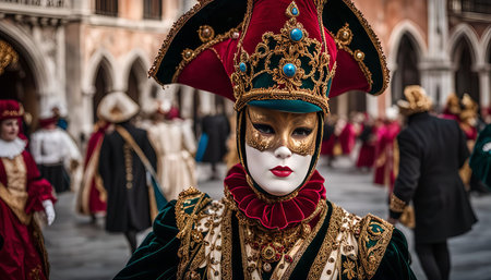 A close-up shot of a person wearing a Venetian carnival mask, adorned with elaborate gold and red decorations. The mask's intricate details are highlighted against the blurred background of the carnival celebration.の写真素材