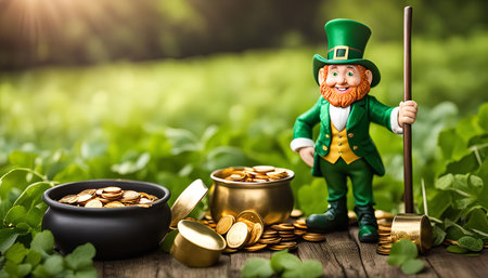 A Leprechaun figurine standing next to a pot of gold, surrounded by clovers, with a wooden background and a blurred green foliage. It's a whimsical representation of Irish folklore and a symbol of good luck and fortune.の写真素材
