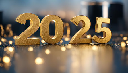 Golden 2025 numerals in a festive setting symbolizing the New Year's Eve celebration with sparkle...
