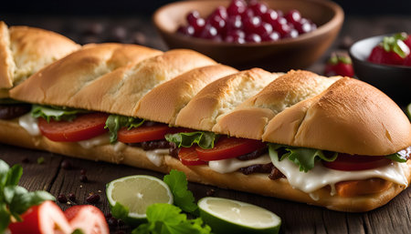 A close-up shot of a long sandwich with tomatoes, lettuce, and cheese on a wooden tableの写真素材