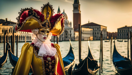 A Venetian carnival mask poses majestically against a backdrop of gondolas and the iconic architecture of Venice, Italy. The image captures the vibrant colors and rich history of this celebrated festival.の写真素材