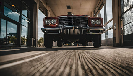 A classic car in red parked in a garage, photographed from a low angle showing its front, wheels, and chrome details.の写真素材