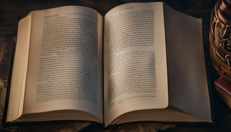 A close-up image of an open book with a wicker basket and a small book sitting beside it, all set on a wood surfaceの写真素材