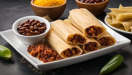 A plate of tamales filled with beans and topped with salsa, with ingredients like chili, cornmeal, and green chile.の写真素材