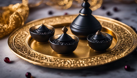 A close-up shot of black caviar in small black bowls, a black bottle, and a golden platter, exuding luxury and sophistication.の写真素材