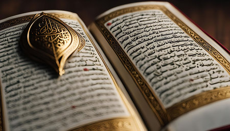 An open Quran with a golden bookmark on the pages, showing the sacred text in Arabic script. The image emphasizes the religious significance of the Quran, a foundational text for Muslims worldwide.の写真素材