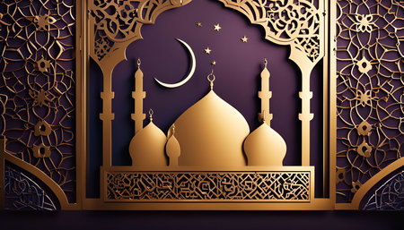 A 3D illustration of a golden mosque silhouette with a crescent moon and stars, depicting Islamic culture and traditions.の写真素材