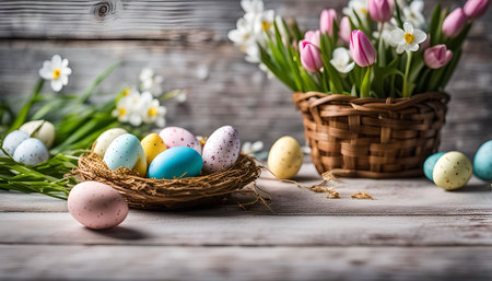 A nest filled with colorful Easter eggs, decorated with spring flowers, sits on a wooden table. The...