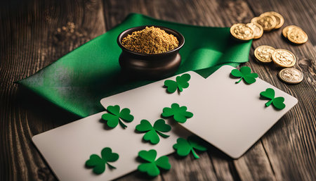 A festive St. Patrick's Day setup with shamrocks, gold coins and a blank card. The green cloth and wooden table create a traditional backdrop for the celebration.の写真素材