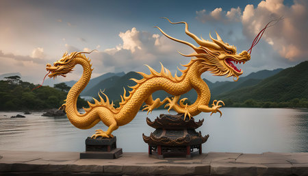 A golden dragon statue standing by the edge of a lake, against a backdrop of mountains and a cloudy sky. The dragon is a symbol of power, wisdom, and strength in Chinese culture.の写真素材