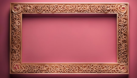 An ornate golden frame with floral patterns against a solid pink backgroundの写真素材