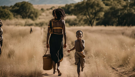 An African woman and her child walk along a path through a grassy field, capturing a moment of simple joy and natural beauty in rural Africa.の写真素材