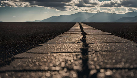 A long and straight paved road leading to the horizon with a mountain range in the distance. The photo is taken with a low angle perspective, making the road seem like it goes on forever.の写真素材