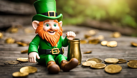 A smiling leprechaun wearing a green hat sits with a pot of gold surrounded by gold coins, representing Irish folklore and the magic of St. Patrick's Day.の写真素材