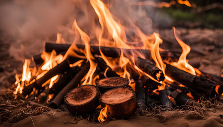 A closeup shot of a campfire with logs burning and flames reaching up. Smoke trails upwards as the fire glows warmly in the night.の写真素材
