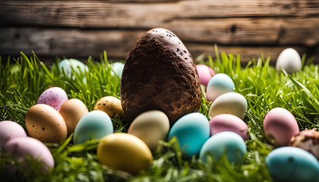 A close-up shot of colorful Easter eggs nestled in green grass with a large brown egg in the center. The eggs are surrounded by a wooden background and offer a festive Easter celebration theme.の写真素材