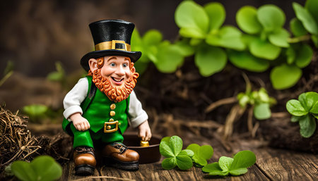 A Leprechaun figurine sitting on a wooden surface holding a pot of gold with shamrocks surrounding it.の写真素材