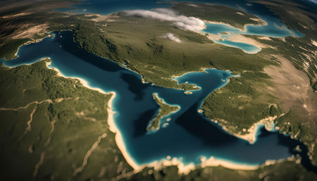 An aerial perspective of a coastal landscape with numerous islands, inlets, and bays. The image showcases the intricate details of the coastline and the surrounding waters.の写真素材