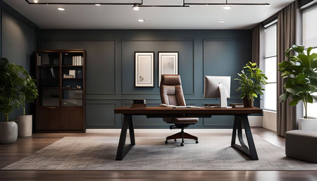 A modern office with a large desk, leather chair, and plants, showcases a sleek and professional workspace.の写真素材