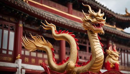 A golden dragon sculpture adorns a Chinese temple, its intricate details and powerful presence evoke ancient myths and traditions. The red and gold colors symbolize prosperity and luck.の写真素材