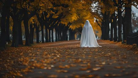 A ghostly figure walks through an alley lined with trees during autumn. The leaves have fallen to the ground creating a carpet of gold, brown, and orange hues. The ghostly figure adds a sense of mystique to the scene.の写真素材