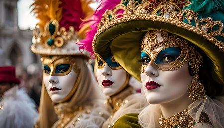 Three people elaborate wearing Venetian Carnival masks, adorned with feathers and gold embellishments. The masks are a symbol of mystery, elegance, and the beauty of the Venetian Carnival tradition.の写真素材