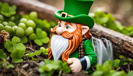 A leprechaun figurine in a forest setting, surrounded by green foliage and clovers.の写真素材