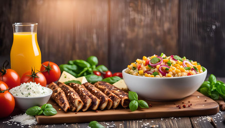 A table with delicious food, a plate of grilled sticks with vegetables and cheese, a bowl of salad...
