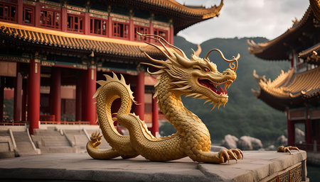 A golden dragon statue stands proudly in front of a traditional Chinese temple, showing the rich cultural heritage and symbolism of this mythical creature.の写真素材