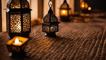 Three decorative lanterns with intricate designs illuminate a fabric tabletop, creating a warm and inviting atmosphere.の写真素材