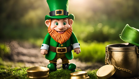A smiling leprechaun with a green hat and clothes stands beside a pot of gold in a green forest.の写真素材