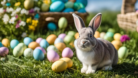 A cute bunny rabbit sits in a grassy field surrounded by colorful Easter eggs. The bunny is looking...