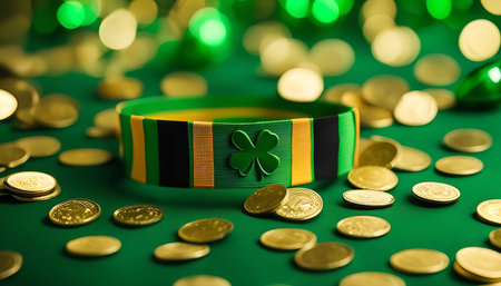 A festive green background adorned with a shamrock headband and scattered gold coins, symbolizing the celebration of St. Patrick's Day.の写真素材