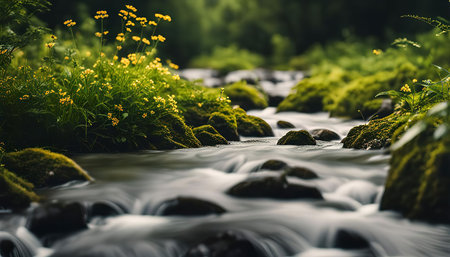 A close-up view of a tranquil stream flowing through a lush forest. The water is crystal clear and the rocks are covered in moss. The yellow flowers on the banks add a splash of color to the scene.の写真素材