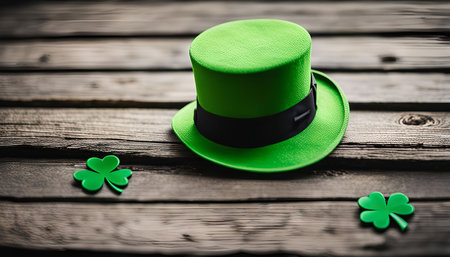 A green leprechaun hat rests on a rustic wooden surface alongside two shamrock leaves. The vibrant...