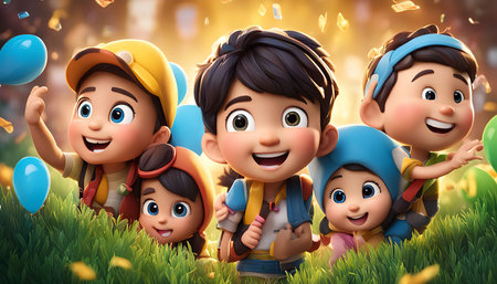 A group of cartoon kids celebrating with balloons and confetti. They are all smiling and having fun. This image is a great representation of friendship, joy, and celebration.の写真素材