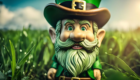 A Leprechaun figure standing in a green field of grass, wearing a green hat and smiling.の写真素材