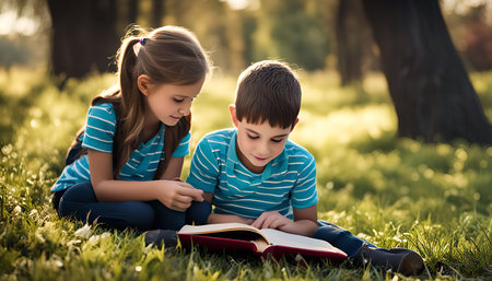 Two children, a boy and a girl, sit in a park on the grass, engaged in reading a book together. They appear happy and relaxed, enjoying the summer day.の写真素材