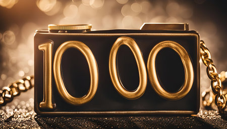 A close-up shot of a golden camera bag with the number 1000 on it, this object symbolizes a special milestone and achievementの写真素材