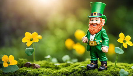 A miniature leprechaun figurine stands in a lush green forest setting, surrounded by yellow flowers and a backdrop of green foliage. The leprechaun is wearing a traditional green hat and suit, with a cheerful smile and a full red beard.の写真素材