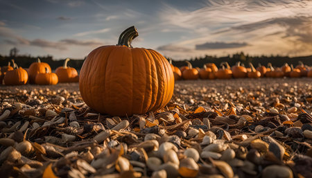 A close-up of a single pumpkin in a field with a shallow depth of field and a blur of other pumpkins in the background. The orange color of the pumpkins and the fall foliage create a beautiful autumnal scene.の写真素材
