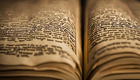 Close up of an open book with ancient writing, highlighting the intricate details of the script and the aged texture of the paper.の写真素材