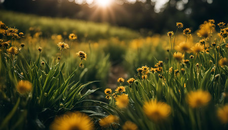 A close-up shot of a field of yellow wildflowers bathed in the warm glow of the setting sun, creating a vibrant and tranquil scene. The soft focus adds to the peaceful atmosphere.の写真素材